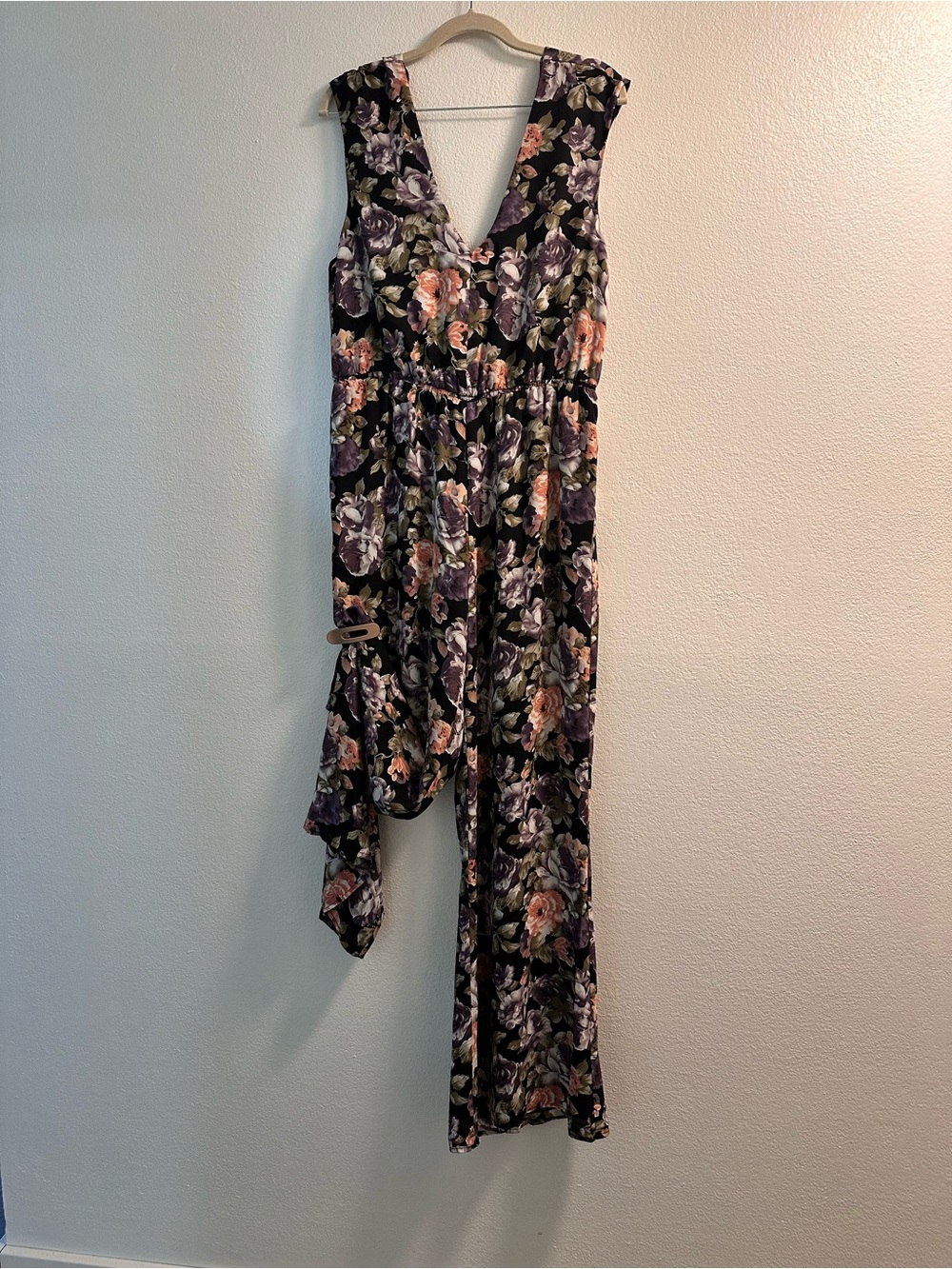 Floral V-Neck Women's Jumpsuit in Black with Pink & purple flower Accents